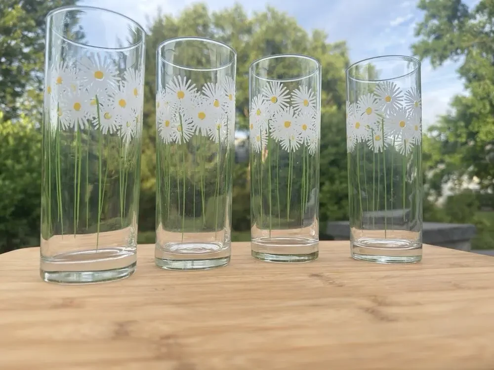 Retro French Daisy Floral Iced Tea Glasses 16oz Made In France
